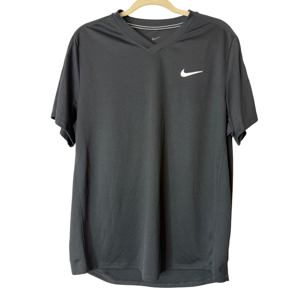 Mens Large Nike Shirt Gray Black Dri-FIT Short Sleeve Blade Collar Athletic